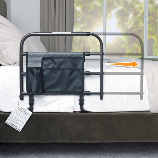 Wonder Bar bed rail model 8000 main product image showing the black metal rail with extending arm and attached storage pouch attached to a bed, from Therapy Supply