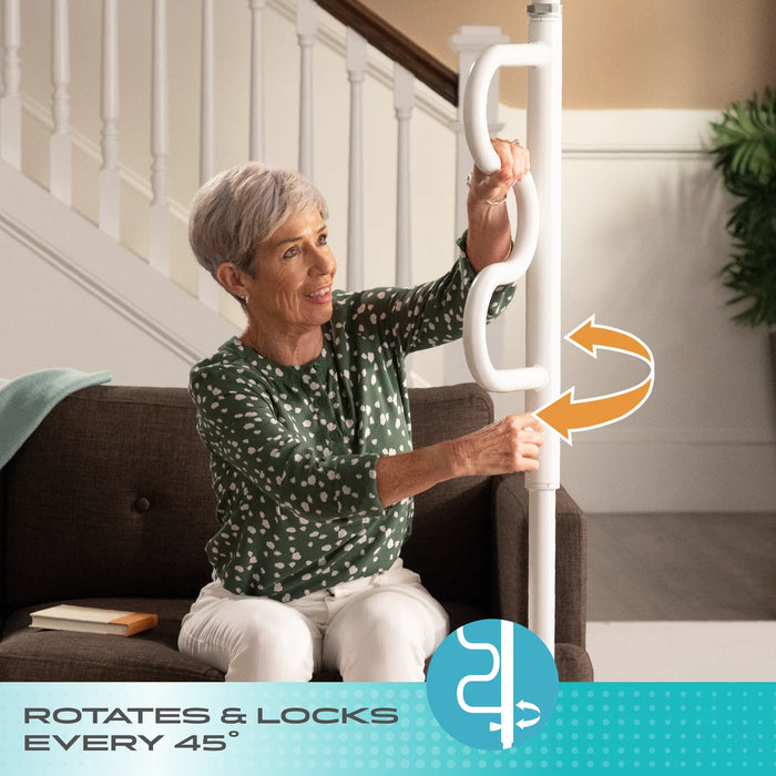 Wonder Pole model 1100 highlighting the handles rotate and lock every 45 degrees feature, senior woman seated on couch adjusting the white support pole handles, from Therapy Supply