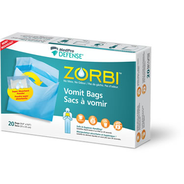 Zorbi vomit bags box of 20 disposable medical sickness bags with blue and green packaging