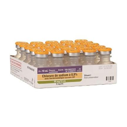 Solution saline bactériostatique (0,9 % NaCl) pour injection USP | 10mL | Paquet de 25