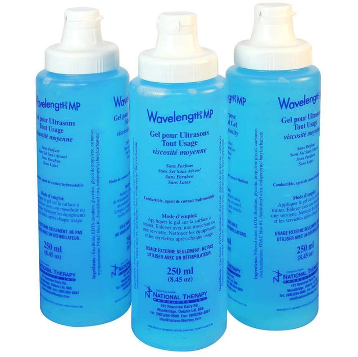 Standalone view of the three 250ml bottles of blue multi-purpose ultrasound lotion gel included in the bundle, formulated to ensure optimal sound wave transmission during deep heat therapy.