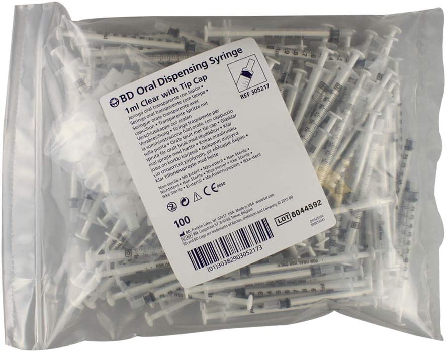 BD 305217 Oral Dispensing Syringe with Tip Cap General Purpose 1ml (Non-Sterile) Clear- 100 Count