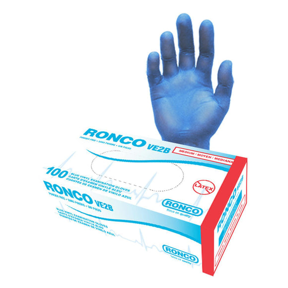 Gants d'examen en vinyle Ronco VE2B, moyen, 4 mil, bleu, boîte de 100