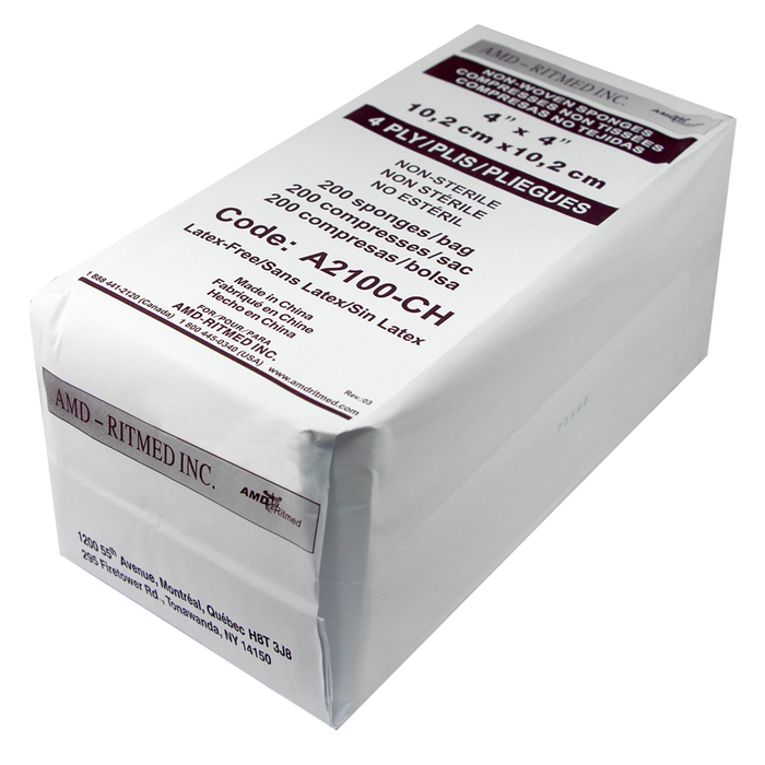 4" x 4" Non Woven Non-Sterile Ritmed Gauze Sponge, 4-Ply-2000/cs