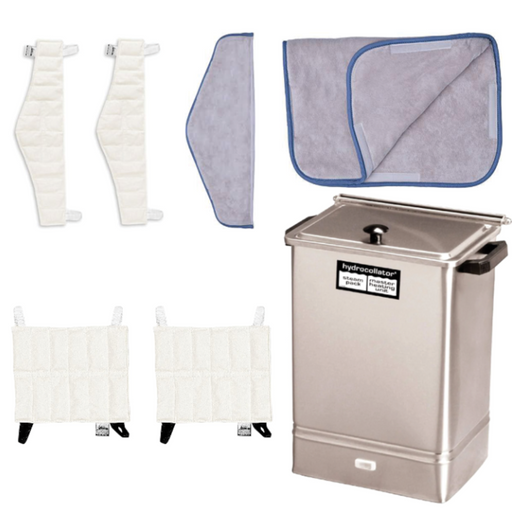 Composite layout view of the Chattanooga E-1 Hydrocollator Unit Hot Pack Combo, featuring the stainless steel stationary heating unit alongside four standard hot packs, two neck hot packs, and blue protective terry covers for professional moist heat therapy.