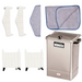 Composite layout view of the Chattanooga E-1 Hydrocollator Unit Hot Pack Combo, featuring the stainless steel stationary heating unit alongside four standard hot packs, two neck hot packs, and blue protective terry covers for professional moist heat therapy.
