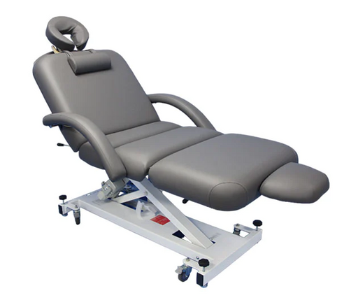 Angled view of the AD Series 4 Section Electrical Hi-Lo Massage Table in black, showcasing its multi-section contoured design and sturdy white metal frame for professional therapeutic use.