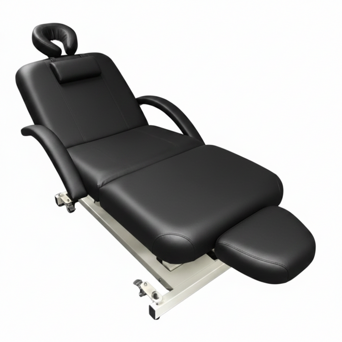 Side profile view of the black AD Series electric massage table in a flat position, highlighting the adjustable sections for head, waist, and leg support.