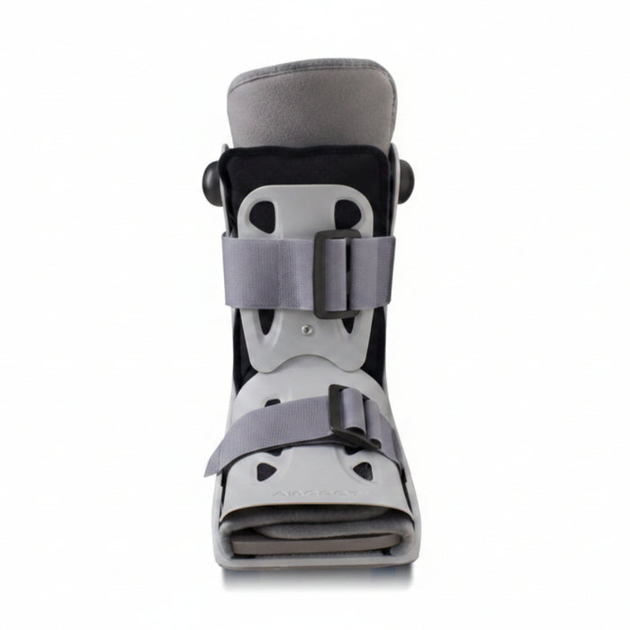 Straight-on front view of the Aircast AirSelect Short Walking Boot, showcasing its adjustable strap system and rigid front panel engineered for customized patient fit and protection.