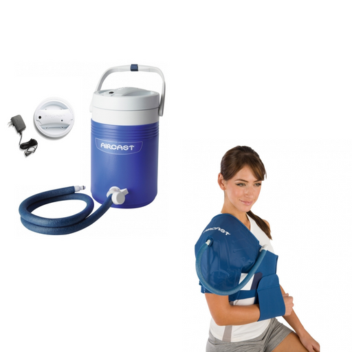 Standalone view of the blue Aircast Cryo/Cuff IC Cooler system, displaying the motorized cooler unit, tubing, power adapter, and an inset image of a model wearing the compatible shoulder compression pad.