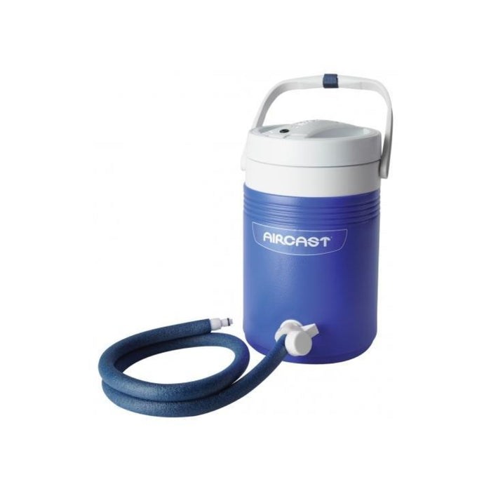 Standalone view of the blue Aircast Cryo/Cuff IC Cooler unit with its lid and carrying handle, featuring an integrated pneumatic pump for automated, easy-to-use cold and compression therapy.
