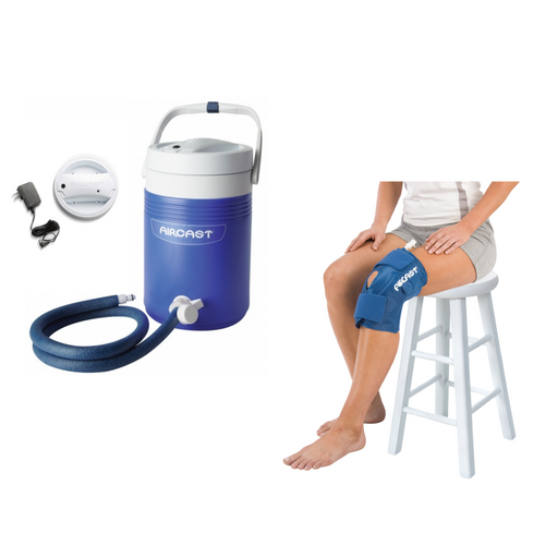 Standalone view of the Aircast Knee Cryo/Cuff and IC Cooler motorized combo system, displaying the blue cooler unit, tubing, power adapter, and an inset image of the anatomically designed knee cuff in use.