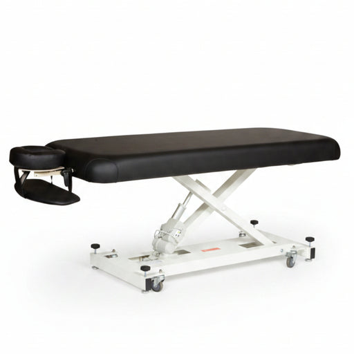 Angled standalone view of the black Athena Classic Electronic Massage Table, featuring a heavy-duty steel scissor-lift frame and lockable wheels designed for professional clinic environments.