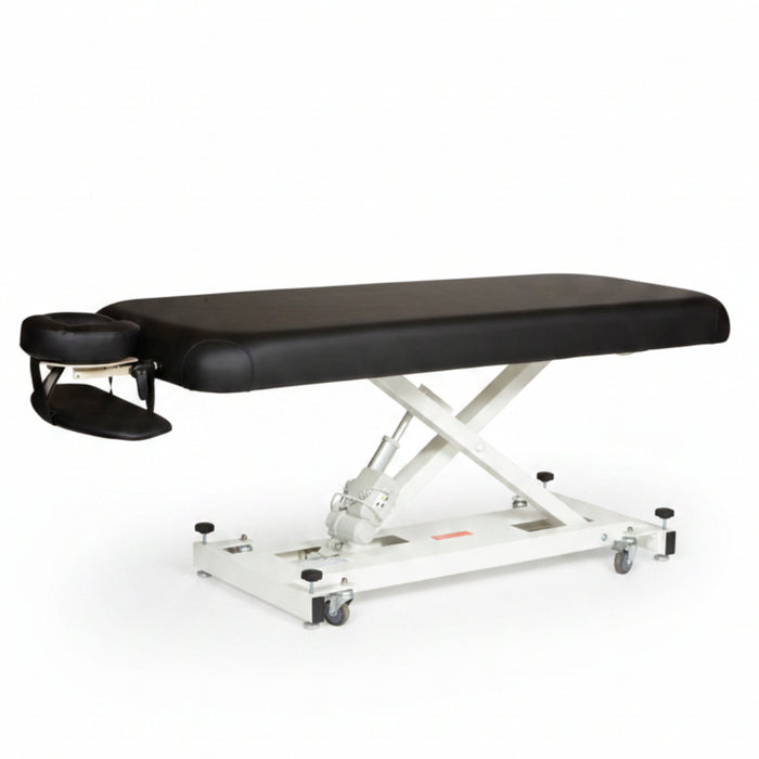 Angled standalone view of the black Athena Classic Electronic Massage Table, featuring a heavy-duty steel scissor-lift frame and lockable wheels designed for professional clinic environments.