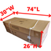 View of the sturdy cardboard shipping box for the Athena Classic Electronic Massage Table, overlaid with red text highlighting the package dimensions for curbside delivery.