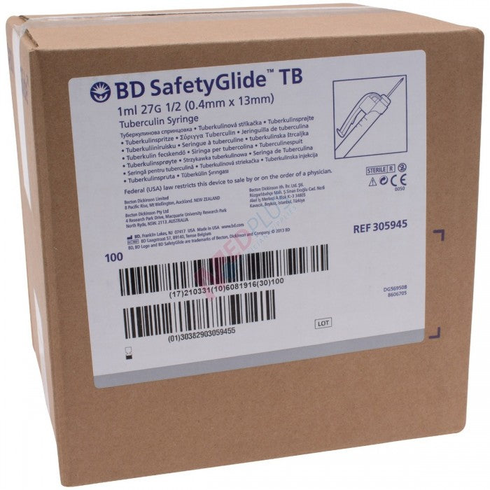 BD 305945 Tuberculin Syringes with SafetyGlide™ Permanently Attached Needles |1mL | 27G x 1/2" -  100 per Box