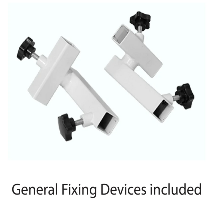 Close-up view of the white metal general fixing devices with black adjustment knobs, included in the BF Series Deluxe Bundle to provide secure and customizable limb positioning.