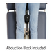 Close-up view of the black padded abduction block installed on the BF Series electric tilt table, demonstrated between a patient's legs to ensure proper hip and lower limb alignment.