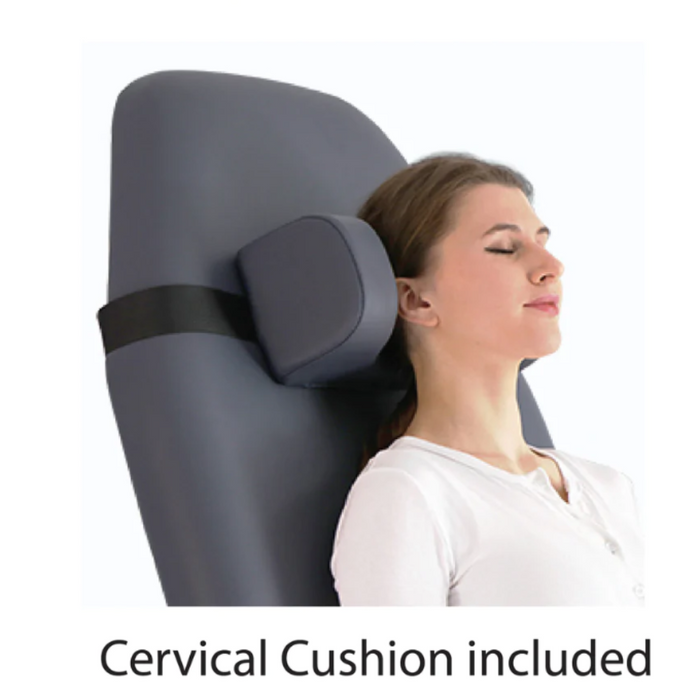Side profile view of a model resting against the contoured grey cervical cushion on the BF Series tilt table, designed for ergonomic head and neck support during positioning.