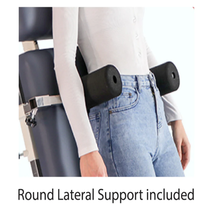 Close-up demonstration of the round, black lateral support bolsters on the BF Series electric table, shown securing a model's waist for maximum safety during tilting procedures.