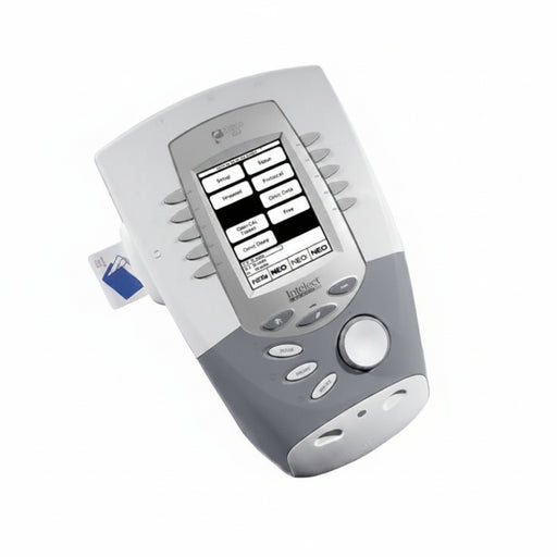 Standalone angled top-down view of the grey Chattanooga 2763 Intelect Legend XT 2 Channel Electrotherapy System tabletop unit, featuring a clear digital interface and control buttons designed for professional clinical muscle stimulation.