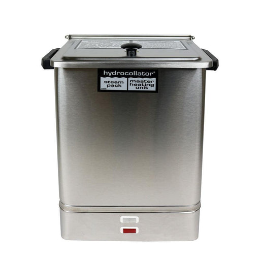 Standalone front view of the stainless steel Chattanooga E-1 Hydrocollator, a compact stationary heating unit designed for professional moist heat therapy in clinic settings.