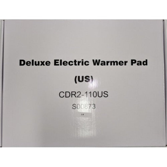 Front view of the grey retail packaging box for the Deluxe Massage Table Warmer Pad, displaying the 30 by 73-inch dimensions standard for professional treatment tables.