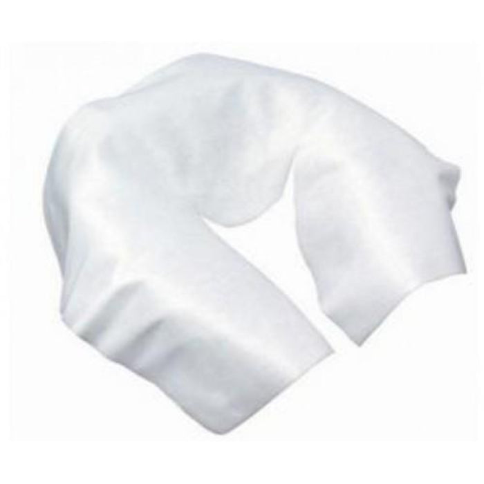 Standalone view of a single white disposable face cradle cover, highlighting the soft, sanitary fabric and convenient cross-cut design for optimal client breathing comfort.