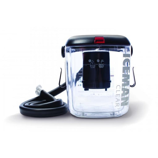 Standalone front view of the DonJoy IceMan CLEAR3 Cold Therapy System, featuring its clear cooler design for easy refill indication, black lid, and hose for consistent post-operative pain relief.