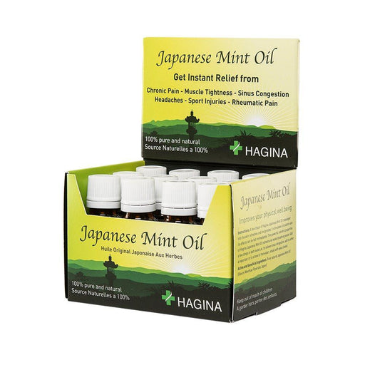 Standalone angled view of the green and yellow retail display box containing 12 individual 20ml bottles of Hagina 100% Pure Japanese Mint Oil, designed for professional therapeutic massage clinics.