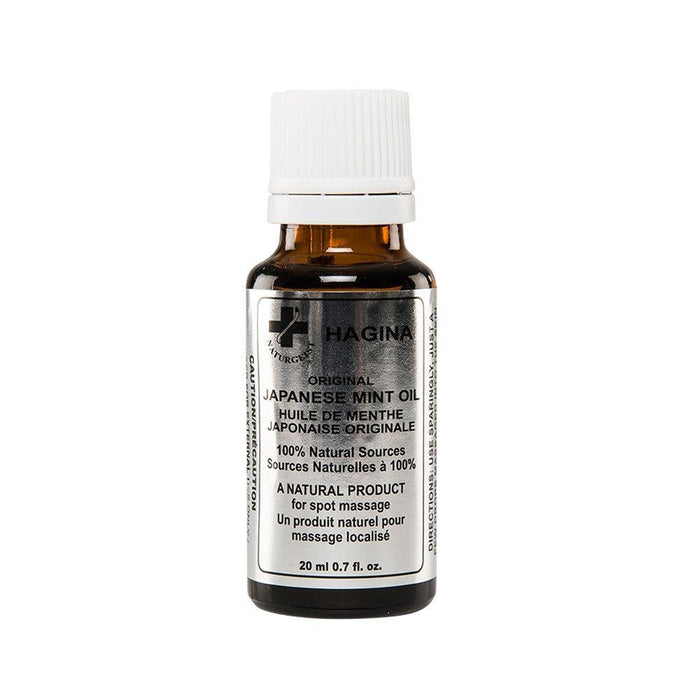 Standalone front view of a single 20ml amber glass bottle of Hagina Japanese Mint Oil with a white cap, a natural essential oil used for deep penetrating muscle and joint relief.