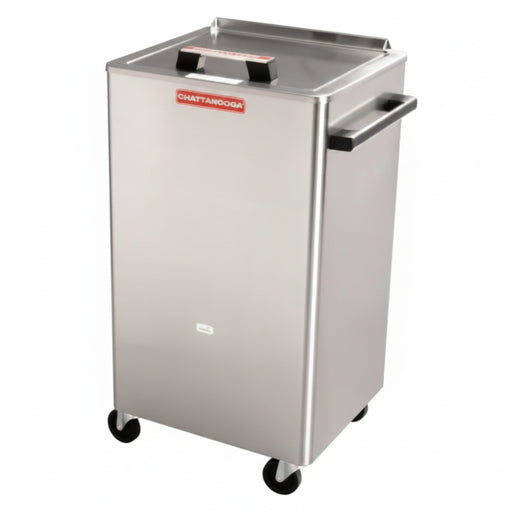 Standalone angled view of the stainless steel Hydrocollator SS-2 Mobile Heating Unit, featuring smooth-rolling swivel casters for flexible, clinic-wide moist heat therapy.