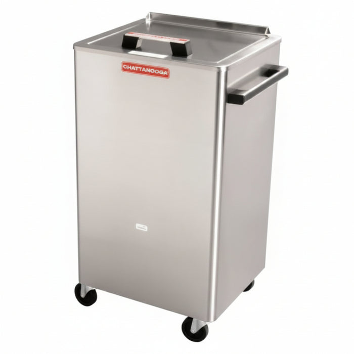 Standalone angled view of the stainless steel Hydrocollator SS-2 Mobile Heating Unit, featuring smooth-rolling swivel casters for flexible, clinic-wide moist heat therapy.