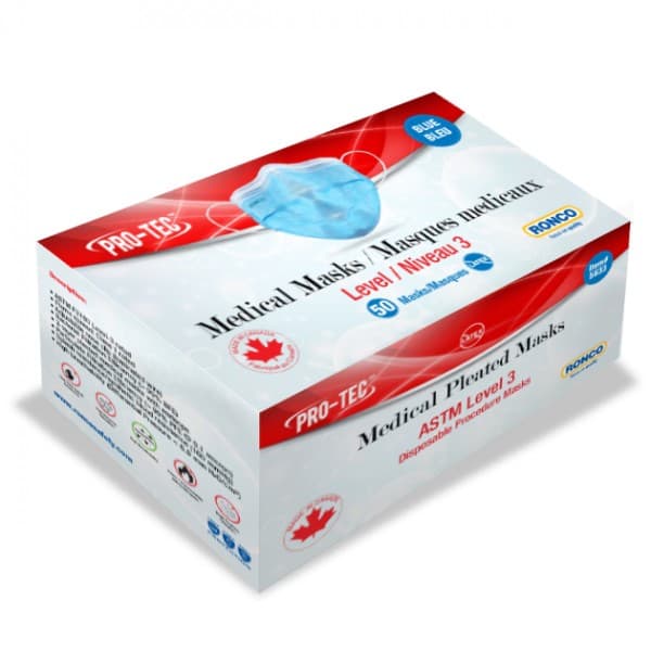 PRO-TEC 3 ply Pleated Masks - 5633- ASTM Level-3 Fiberglass Free Box of 50