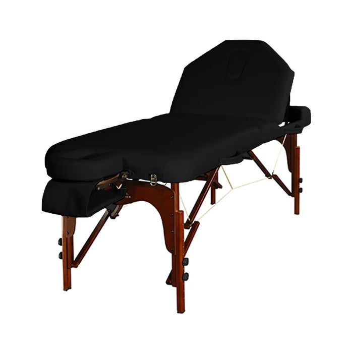 Standalone angled view of the black Luban-Yalding Portable Wooden Foldable Massage Table, highlighting its durable Soft-touch PU upholstery, rounded corners, and secure double leg lock knobs for extra safety.