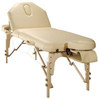 Angled view of the tan Luban-Yalding Portable Wooden Foldable Massage Table, featuring a strong European beech wood frame, adjustable face cradle, and a comfortable 2.5-inch multi-layered soft foam system.