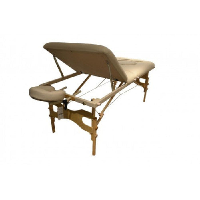 Angled side view of the Prenatal Portable Massage Table with the head-side section and face cradle raised, showcasing the adjustable metal frame designed for versatile client positioning.