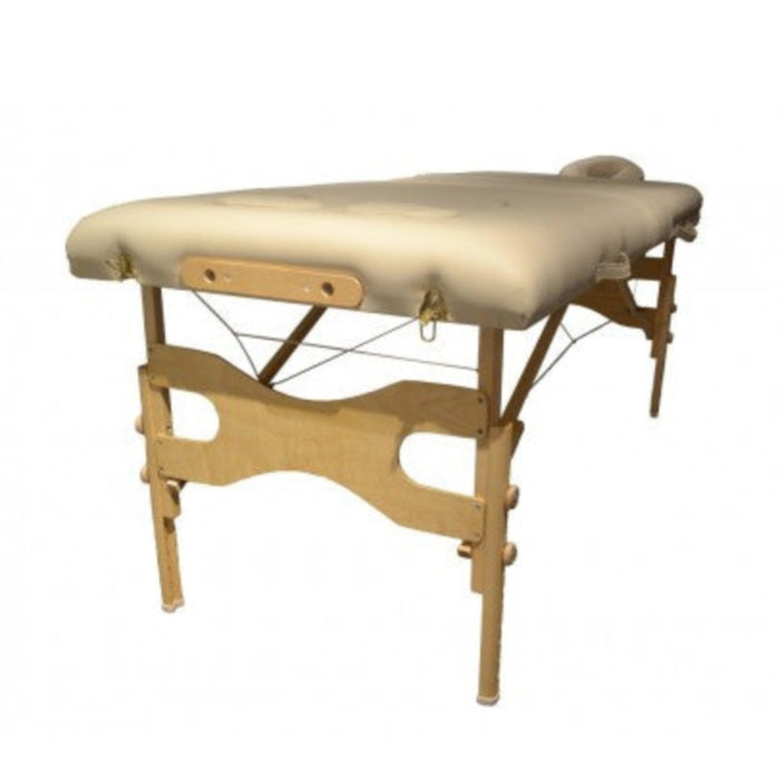 Straight profile view of the Prenatal Portable Massage Table's durable metal base, showcasing the stable support structure and clean finish of this professional Canadian-made table.