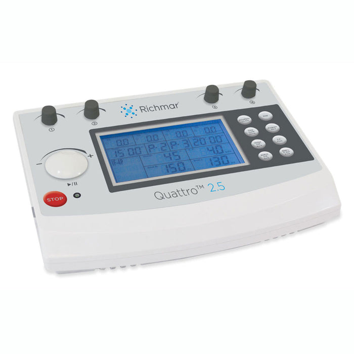 Standalone angled view of the Quattro 2.5 Clinical Combo Device, a professional microprocessor-controlled electrotherapy unit featuring a digital interface for TENS, EMS, and interferential treatments.