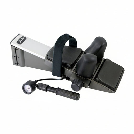 Standalone angled view of the Saunders Cervical Home Traction Device, showcasing the comfortable headrest, adjustable positioning straps, and hand-held pneumatic pump designed for safe, clinical-style neck therapy.