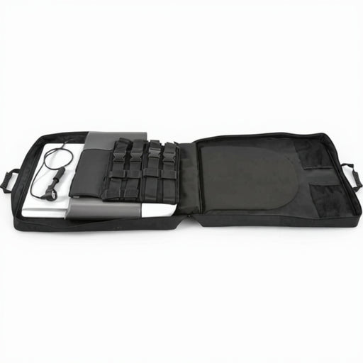 Top-down view of the Saunders Lumbar Home Traction Device displayed inside its open black carrying case, featuring the split-table design and pneumatic hand pump engineered for clinical-style lower back treatment at home.