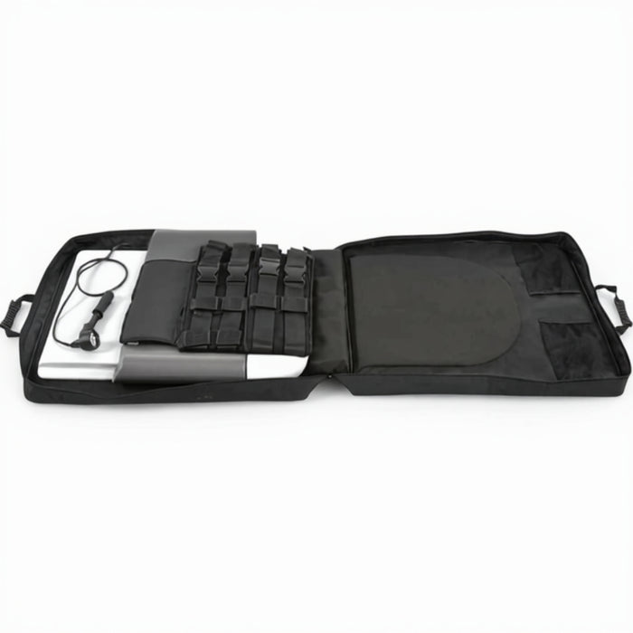 Top-down view of the Saunders Lumbar Home Traction Device displayed inside its open black carrying case, featuring the split-table design and pneumatic hand pump engineered for clinical-style lower back treatment at home.