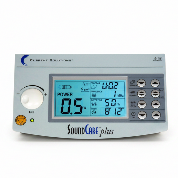 Close-up view of the configurable digital display screen on the SoundCare Plus ultrasound unit, showcasing treatment parameters such as time, intensity, and frequency.