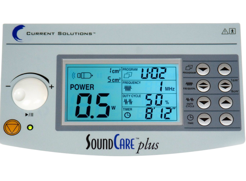 Close-up view of the configurable digital display screen on the SoundCare Plus ultrasound unit, showcasing treatment parameters such as time, intensity, and frequency.