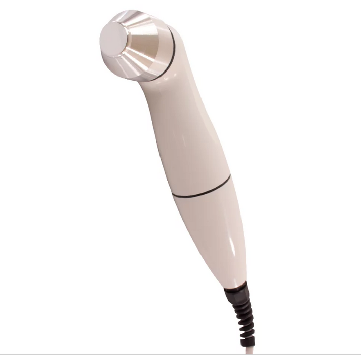 Close-up detail of an ergonomic ultrasound applicator wand for the SoundCare Plus professional therapy device, designed to deliver 1 MHz and 3 MHz frequencies.