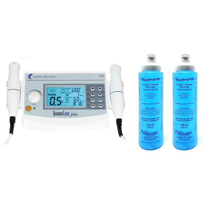 The SoundCare Plus Professional Ultrasound Unit displayed alongside two blue bottles of conductive ultrasound gel, ready for use in rehabilitation and sports medicine settings.