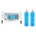 The SoundCare Plus Professional Ultrasound Unit displayed alongside two blue bottles of conductive ultrasound gel, ready for use in rehabilitation and sports medicine settings.