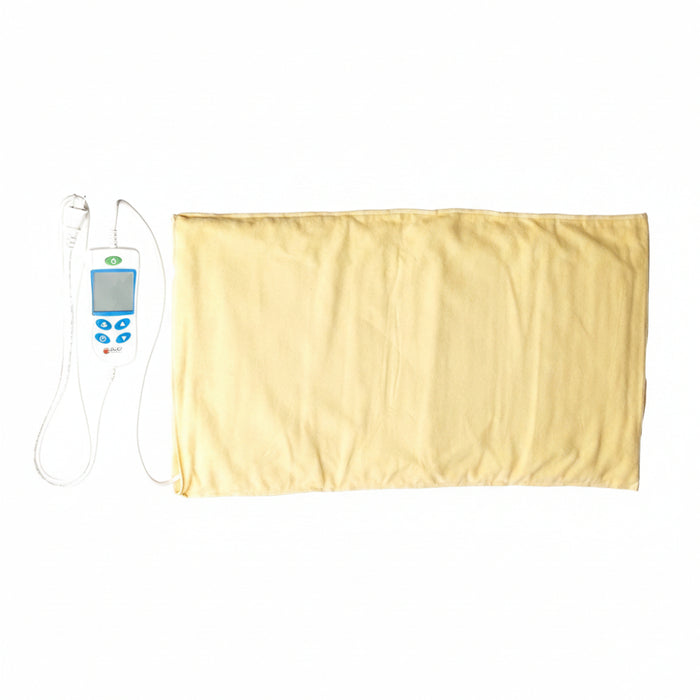 Standalone flat view of the standard 14 by 27-inch Theratherm Digital Moist Heating Pad, highlighting its moisture-drawing flannel covering and the attached easy-to-use digital hand control for precise temperature programming.