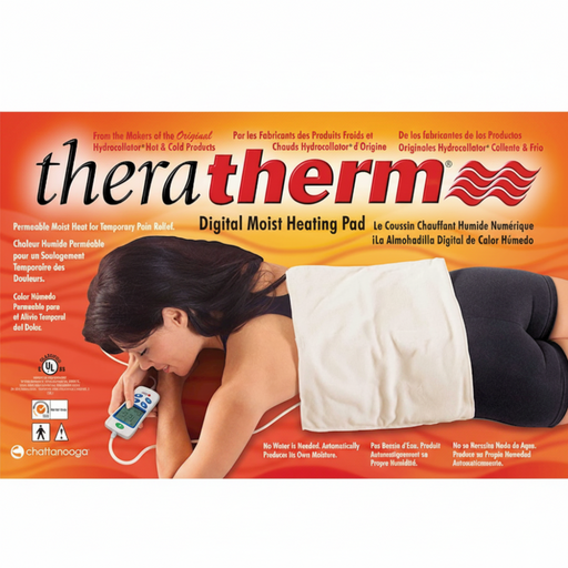 Front view of the retail packaging for the 1032 Theratherm Digital Moist Heating Pad, featuring a model using the standard 14 by 27-inch pad on her lower back to relieve muscle tension and pain.
