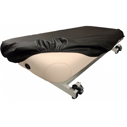 Close-up view of the black Universal Fitted PU Vinyl Protection Cover stretching over a portable massage table, showcasing its elastic corners designed for a secure, custom-like fit.